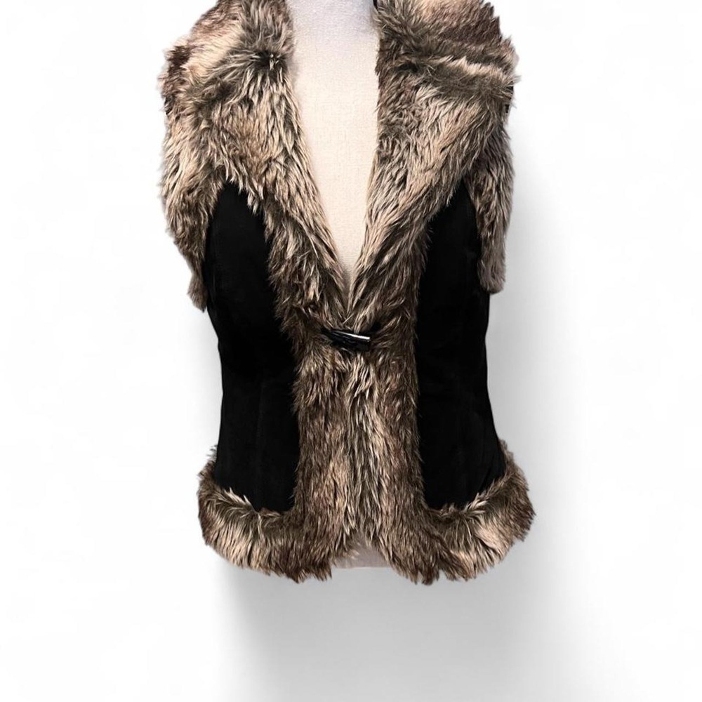 Black Suede Leather Vest w/ Faux Fur Lining Women's Small Luxury Boho Glam